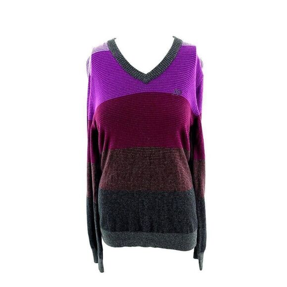 Aeropostale Small Purple Striped Red Gray Sweater V Neck Cotton‎ Wool Polyester - Picture 1 of 7